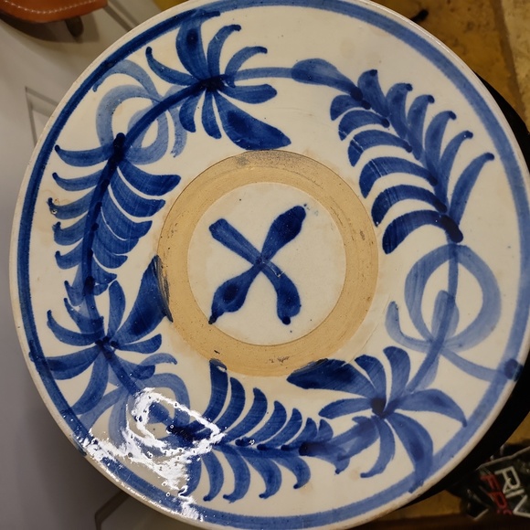 Vintage Hand Painted Bisque Ceramic Blue & White Plate Bowl - Picture 6 of 10